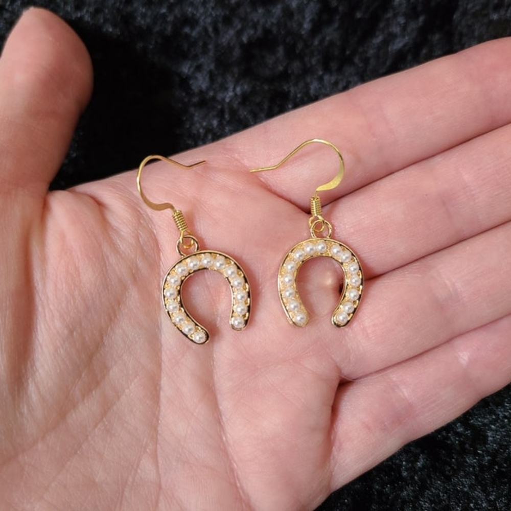 Pearl Horse Shoe Dangle Earrings Embellished Horseshoe Country Wedding Jewelry